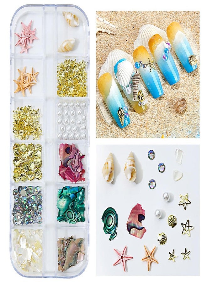 TBRZTR 12 Grids Gold Metal Starfish Shell Nail Studs 3D Mix Conch Pearl Shell Nail Art Glitter Flakes Decorations Set Multiple Shapes Rivet Jewelry Accessories for Women Manicure Supplies DIY Crafts Sequins - Image 2